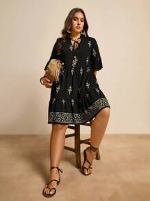 Freevana 大码女式花卉印花度假娃娃裙，夏季 - 黑色 - 查看 5