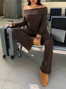 SHEIN EZwear Plus Size Casual & Homewear Minimalist Off-Shoulder Ribbed 2 Pieces Set - Brown - View 7