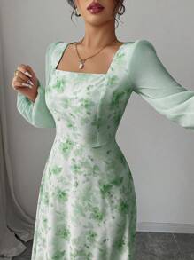 Modelyn Women's Printed Square Neck Long Sleeve Elegant Summer Dress Fall Cloth For Women - Green - View 3