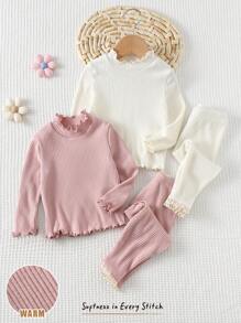 Cozy Pixies 4pcs/Set Baju Bayi Perempuan Rajut Warna Polos Lembut Leher Bulat Lengan Panjang Atasan dan Celana Panjang Pinggang Elastis Set Bayi Perempuan Bergaris Hangat - Aprikot - View 1