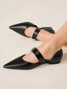 CUCCOO CHICEST Black Pointed Toe Rhinestone Buckle Elegant Commuting Versatile Women Flats - Black - View 4