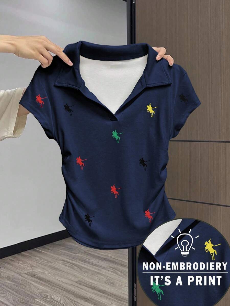 女式休闲骑士印花褶饰T恤，夏季 - 藏蓝色 - 查看 1