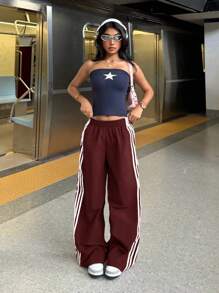 Muchica Women's Burgundy Elastic Waist Side Striped Wide Leg Loose Casual Pants