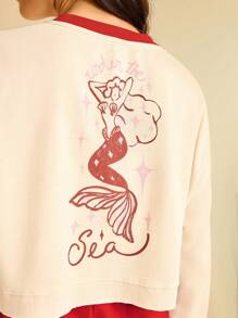 CAJUNI 女士休闲度假美人鱼印花长袖短款运动衫秋冬女装 - 杏色 - 查看 3