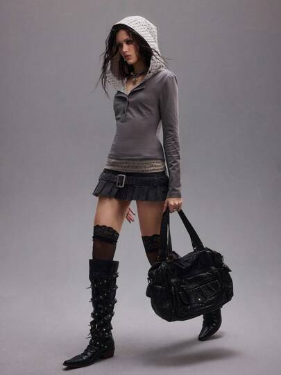 EDITION Y2K Romantic Punk Letter Print 2 In 1 Hooded Fitted Women T-Shirt