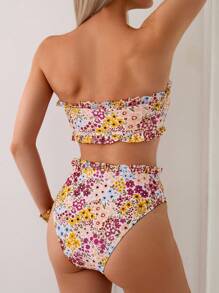 Swim Mod 2pcs/Set Ditsy Floral Ruffle Bandeau Swimwear, Popular For Beach & Summer - Multicolor - View 2