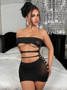 ChaseTheNight Verführerisches schwarzes transparentes Slip-Kleid mit funkelndem Muster und Riemen-Ausschnitten, Ausgehkleid