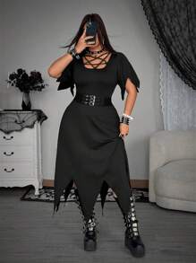 Whyspr Damen Große Größen Kleid mit Trägerdekor, Cut Out - Schwarz - Übersicht 5