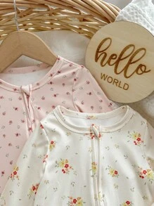 Conjunto de 2 piezas para bebé niña: Mono de manga larga con cremallera al frente, cuello redondo, suave y amigable con la piel, con estampado floral minimalista - Multicolor - Ver 5