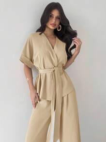 Firerie 女士优雅休闲度假通勤V领宽松收腰衬衫上衣搭配高腰阔腿裤2件套，适合春夏秋季休闲通勤套装宽松套装通勤优雅母亲节教师节工作装 - 卡其色 - 查看 6