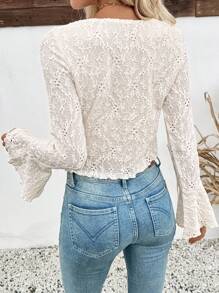 SHEIN LUNE Casual Solid Color Textured Asymmetric Hem Flare Sleeve T-Shirt Fall Cloth For Women - White - View 2