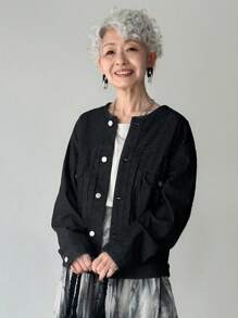 FRIFUL 女士休闲百搭纯色牛仔夹克 - 藍色 - 查看 3