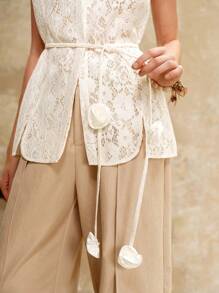 Aveloria Blusa sin mangas de estilo elegante y retro con flores tridimensionales de encaje hidrosoluble, de hombros anchos, al estilo del dinero antiguo para vacaciones - Albaricoque - Ver 5