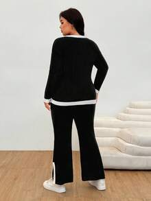 SHEIN EZwear Ensemble deux pièces en tricot ample et décontracté,Topt à manches longues et pantalon large. Ensemble deux pièces confortable en tricot côtelé pour femmes, tenue automne-hiver - Noir - Voir 2
