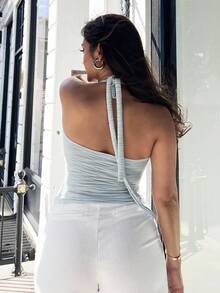 NegzBox Férias Tie Halter V-Neck Metalizado Flor Texturizada Malha Regata Ajustada Para Mulheres, Adequado Para Festivais De Música, Boêmio, Datas De Feriados, Chá Da Tarde - Azul - Ver 2