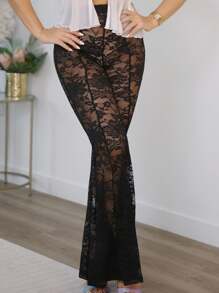 Cioccolato 女士黑色性感蕾丝夜场/狂欢派对/俱乐部服装/单身派对/主题派对服装透视蕾丝阔腿喇叭裤/70 年代服装/黑色裤子 - 黑色 - 查看 3