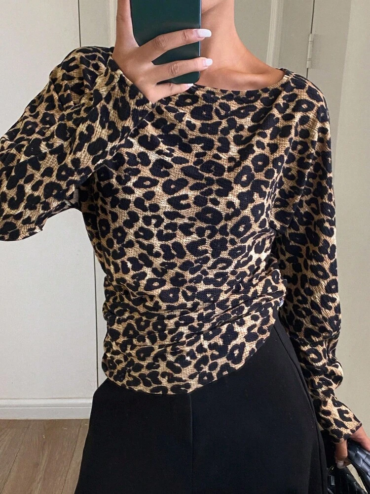 Women's Leopard Print Pleated Round Neck Casual Elegant Long Sleeve Blouse, Autumn/Winter