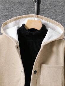 SHEIN 男童休闲韩版可爱胸贴袋保暖防风外套，适合上学、花园、海滩、生日等场合，春、夏、秋、冬皆宜，男童冬季外套，男童灯芯绒外套，男童保暖外套，男童秋季外套 - 卡其色 - 查看 5