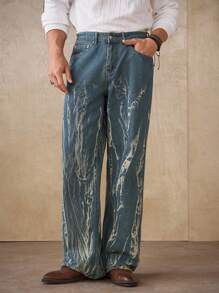 Manfinity Homme Jeans dritti da uomo con lavaggio sbiadito blu-verde, stile casual da strada, adatti per primavera/estate - Blu lavato medio - Visualizzare 1