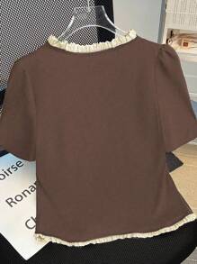 Women's Casual Contrast Trim Puff Sleeve T-Shirt, Summer - Brown - View 2