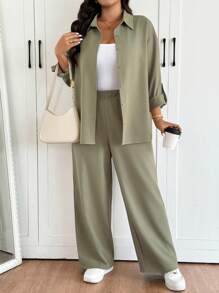 SHEIN Frenchy Conjunto de 2 peças plus size feminino com estampa de listras azuis e brancas, solto e casual - Verde - Ver 7