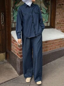 DAZY Women's Casual Button-Up Shirt & Jeans Pants Suit Modest Fashion - Blue - View 3
