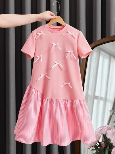 少女蝴蝶装饰条纹荷叶边下摆短袖休闲连衣裙