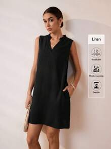 Uhlyne 休闲时尚亚麻V领女式短款无袖连衣裙