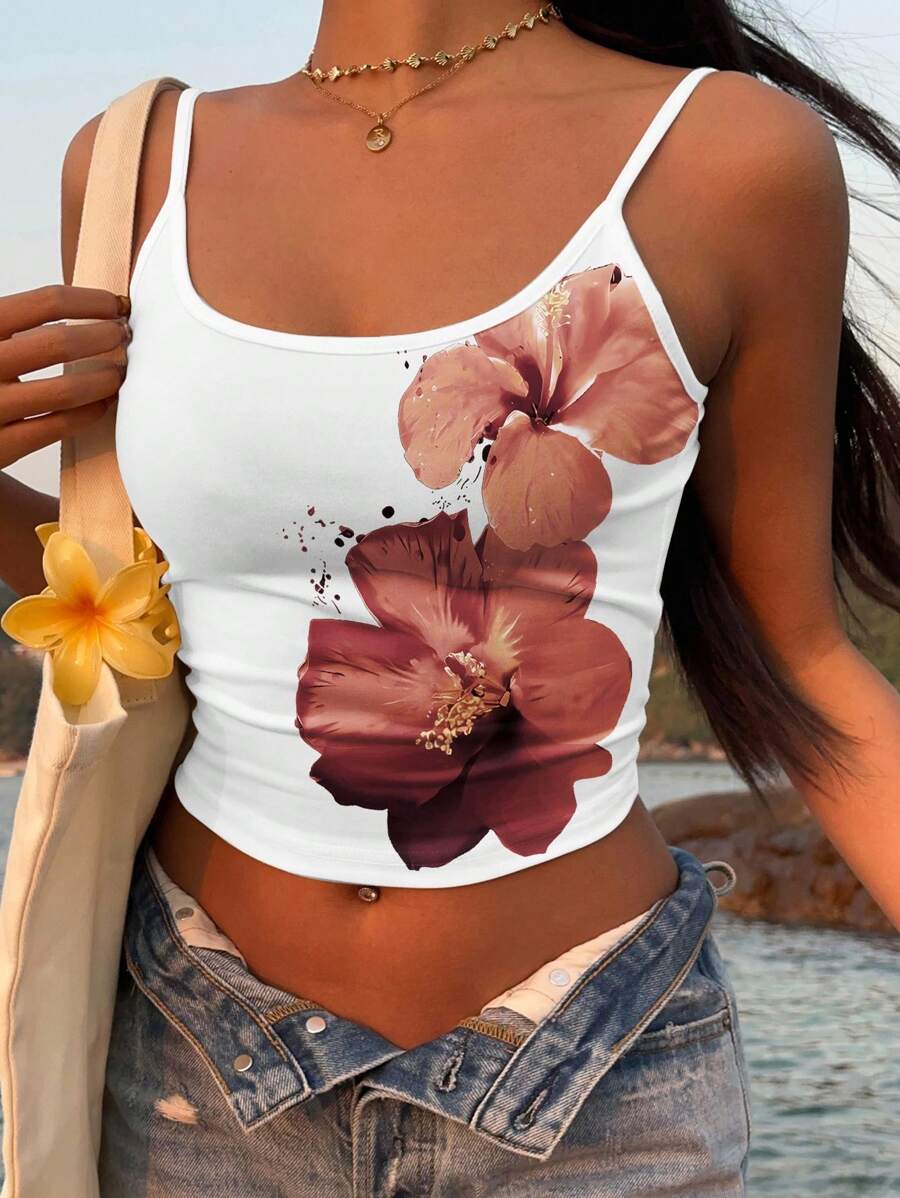 SHEIN EZwear 复古风格热带花卉印花性感吊带背心，适合夏季 - 彩色 - 查看 1