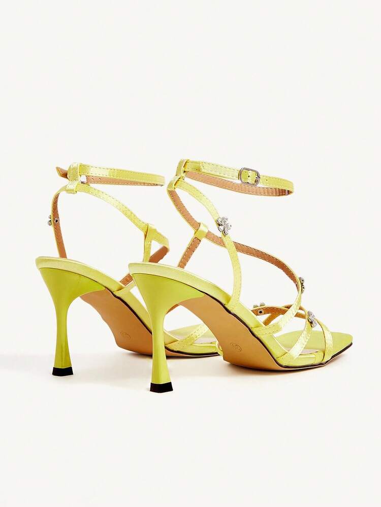 CUCCOO CHICEST Women's Sparkling Crystal Floral Strappy Pointed Toe High Heel Sandals, Elegant Sweet Romantic Sexy, Yellow Satin Formal Dress Shoes For Tea Party, Date, Fashion Party, Gala, Birthday, Valentine's Day