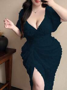 Vibekara 复古法式泡泡袖波尔卡圆点纹理女式派对连衣裙 - 藏蓝色 - 查看 5