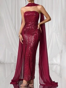 Coutiva 奢华晚礼服，绣花亮片舞会礼服，高端优雅淑女风格 - 酒紅色 - 查看 5