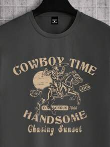 Manfinity Homme 狂野西部牛仔骑马印花修身短袖 T 恤，男士休闲时尚，深灰色