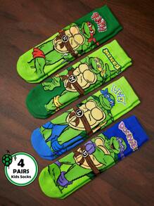 TEENAGE MUTANT NINJA TURTLES | SHEIN 4 双棉质柔软透气吸湿排汗儿童中筒袜绿色和蓝色可爱卡通图案中筒袜，加固脚趾和脚跟，经久耐用，男女通用，适合所有季节，百搭，适合学校和户外 - 彩色 - 查看 2
