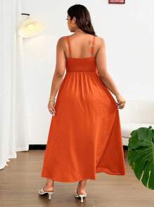 Flirla 大码女式优雅纯色前系带蝴蝶结细肩带超长沙滩裙，适合海滩、度假、派对、约会、音乐节、春夏季，百搭设计 - 橘色 - 查看 4