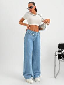 EURMUSE High Waist Asymmetric Belt Straight Jean Y2k - Medium Wash - View 1