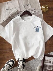 Glissea 女士花卉海龟印花休闲圆领短袖T恤，夏季 - 白色 - 查看 2