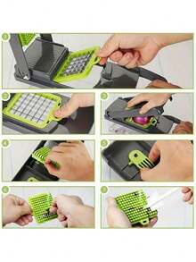 16 合 1 蔬菜切碎机（带容器）- 多功能厨房切洋葱、水果和蔬菜的塑料食品切片机，带安全锁，便携式设计和易清洁刀片，用于准备、切片、切丝、切蔬菜和切碎，简单的厨房工具，易于清洁 - 灰色 - 查看 3