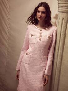 MOTF PREMIUM TWEED PATCH POCKET BEADED SHORT DRESS - Pink - View 5