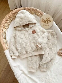 男婴可爱格子蓬松连帽卫衣套装，秋冬 - 米色 - 查看 6