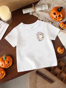 SHEIN Cute Halloween White T-Shirt For Girls With Round Neck And Drop Shoulder Sleeves Kids Halloween Shirts Ghost Shirt Kids Halloween Shirt Girls Fall Kids Clothes Kids Graphic Tees Halloween