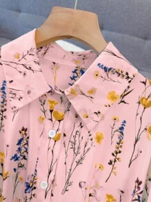 Franclia 女士休闲翻领简约蓝色碎花连衣裙长款女装秋季连衣裙大学女生秋季服装 - 粉色 - 查看 7