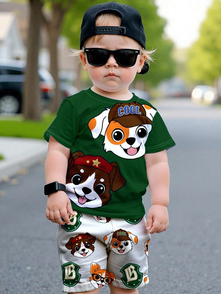 SHEIN 2 件男童休闲纯色圆领 T 恤和短裤套装，适合夏季