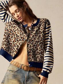 Cárdigan de manga larga con botones delanteros y estampado de leopardo y rayas para mujer, cárdigan de estampado de leopardo, cárdigan a rayas para mujer en otoño/invierno - Multicolor - Ver 3