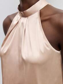 Maija Women's Lace-Up Satin Halter Neck Exposed Shoulder Blouse, Formal & Urban Casual Wear, Office Lady Outerwear,Autumn Outfits For Women, Christmas Women's Clothing - Khaki - View 4