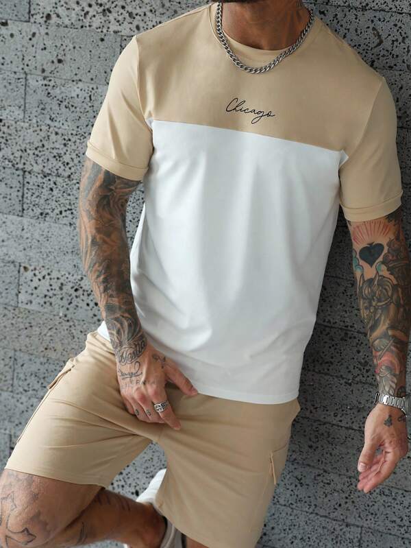 Manfinity Homme 2pcs Men's Letter Print Round Neck Short Sleeve Casual T-Shirt And Drawstring Waist Shorts Set