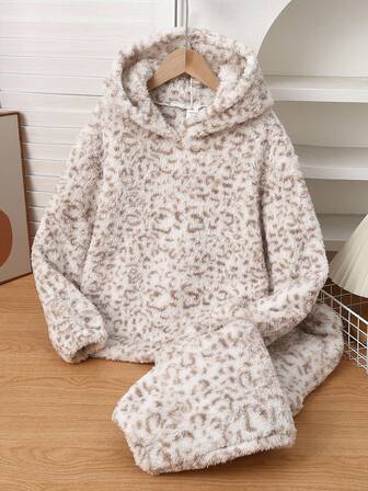 Genkimix Kids Back To School Fashion  Girls Leopard Print Hooded Coral Fleece Pajama Set, Slouchy, Warm Winter Sleepwear Soft Fuzzy Pajamas Fall