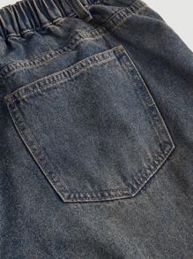 SHEIN CURVE+ 大码复古蓝色牛仔裤高腰阔腿裤Y2K复古穿舒适松紧腰秋季新品女装秋装 - 深色水洗藍 - 查看 6