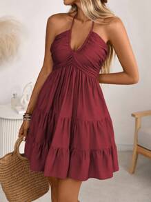 Breezaya 女士春夏单件竹结亚麻度假沙滩裙，波西米亚西部褶皱褶胸围分层蛋糕裙 A 字形露背可调节吊带蝴蝶结长裙 - 酒紅色 - 查看 7