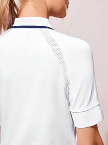 Gameset SHEIN Sport 女式白色短袖运动 Polo 衫，有领有口袋，女式网球上衣，网球裙，女式高尔夫上衣，网球上衣，运动裙 - 白色 - 查看 3